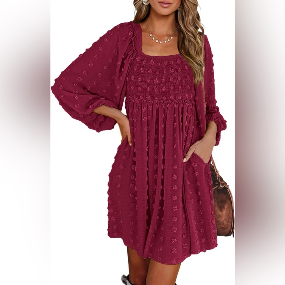 Smocked Square Neck Dress Wine Red ~ flattering silhouette 
SIZE XXL /20   *NWT
